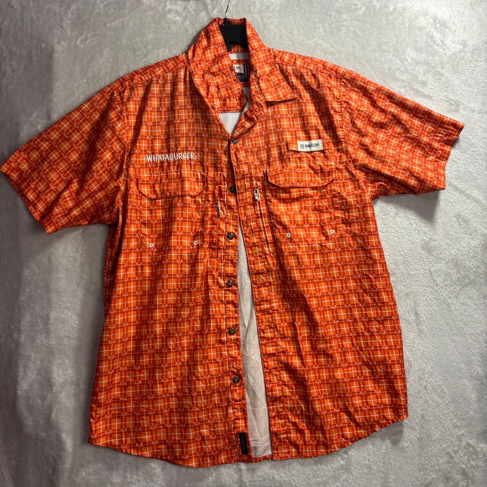 Magellan Whataburger Men's Orange Plaid Relaxed Fit Fishing Shirt Size Medium